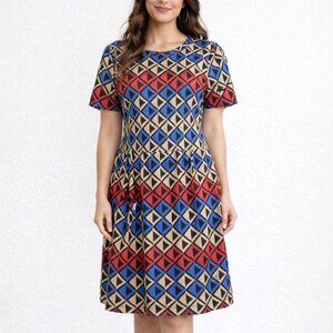 LuLaRoe Amelia Fit & Flare Dress Red Blue Cream Geometric Size Medium